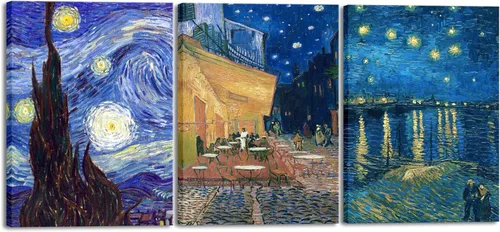 Miniatura 24 de Wieco Art 3 Paneles de Impresiones en Lienzo de Pinturas de Vincent Van Gogh Reproducción Noche Estrellada sobre el Ródano Terraza del Café por