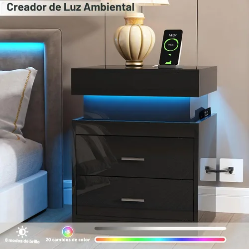 Miniatura 4 de ChooChoo Mesita de noche LED con estación de carga, mesita de noche inteligente con almacenamiento superior deslizante, mesa de noche de alto brillo