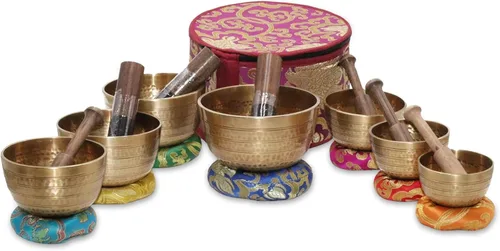 Juego de cuencos tibetanos de alta cara en una caja de transporte morada para meditación, yoga, relajación (7 juegos con diámetro de 7 a 4.7 in)