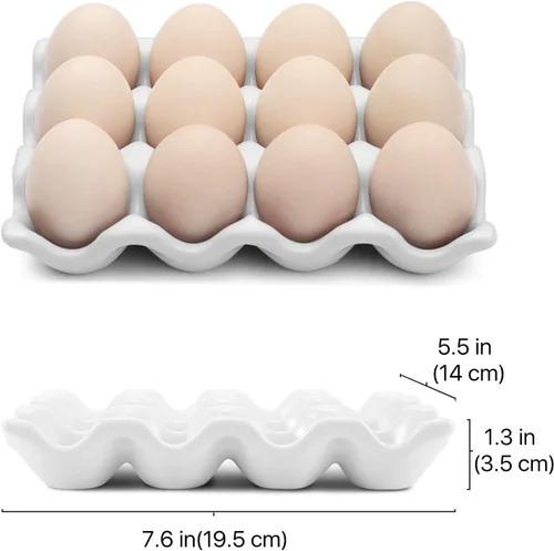 Miniatura 7 de Flexzion Soporte para huevos de cerámica para 12 huevos, caja de almacenamiento de 12 bandejas de huevos de porcelana, plato antideslizante