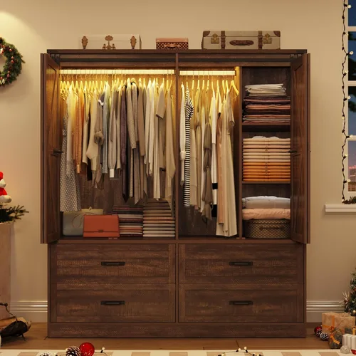 Miniatura 6 de Armario rústico de 4 puertas con puerta corrediza plegable de granero y luces, armario LED con cajones para dormitorio, armario de madera Marrón