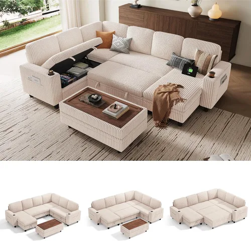 Miniatura 29 de LINSY HOME - Sofá cama extraíble modular con sección para dormir, con almacenamiento, sofá seccional de pana mullida para sala de estar, sofá cama