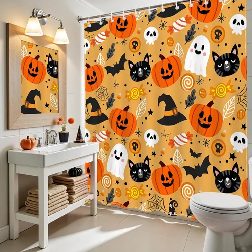 Miniatura 4 de Mocsicka Bonita cortina de ducha de Halloween de 72 x 72 pulgadas, cortina de ducha naranja de dibujos animados de gato y fantasma, cortina de ducha