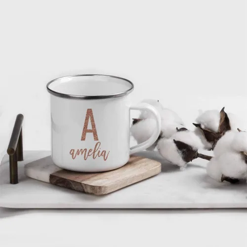 Miniatura 2 de Andaz Press Taza de metal personalizada de 11 onzas para campamento, monograma de purpurina de oro rosa sintético, letra inicial personalizada
