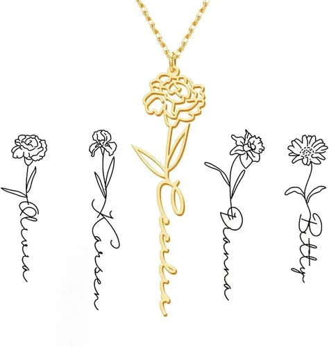 TRANGEL Custom Birth Flower Name Necklace Personalized 18K Gold Plated Necklace Floral Pendant Jewelry Mothers Christmas Birthday Gift for Women