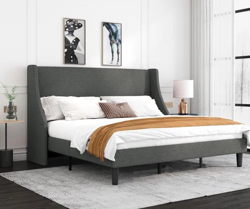 Allewie Estructura de Cama de Plataforma Tamaño King con Cabecera Tapizada – Diseño Moderno Deluxe con Respaldo Alado, Soporte de Listones de Gris