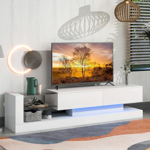 BAMACAR Soporte de TV moderno para TV de 80 pulgadas, centro de entretenimiento con luz LED blanca con almacenamiento, soportes de TV de 80, 75, 70