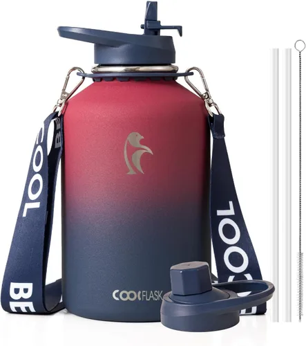 Miniatura 34 de Botella de agua Coolflask de 40 onzas con correa, botella de agua metálica aislada con popote y tapas con pico, acero inoxidable de doble pared al
