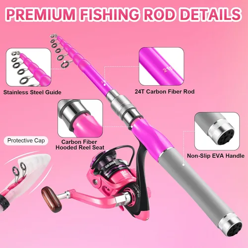 Miniatura 2 de Combos de caña de pescar y carrete, kit de caña de pescar telescópica de fibra de carbono con carrete giratorio, línea de pesca, señuelos de pesca