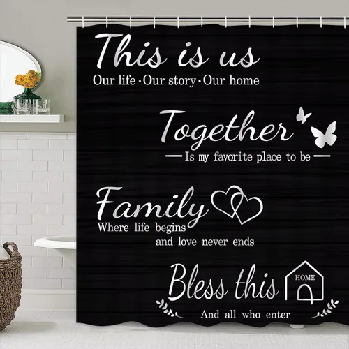 Miniatura 5 de Juego de cortinas de ducha familiares AZHM Negro para baño con cortina de ducha y alfombras y accesorios Decoración de baño con cortina y 12 ganchos