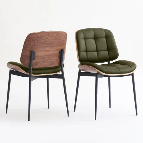 Miniatura 10 de GrandNoor Sillas de Comedor Modernas de Mediados de Siglo con Respaldo de Veta de Nogal, Sillas de Comedor de Cuero Sintético Beige Juego de 2