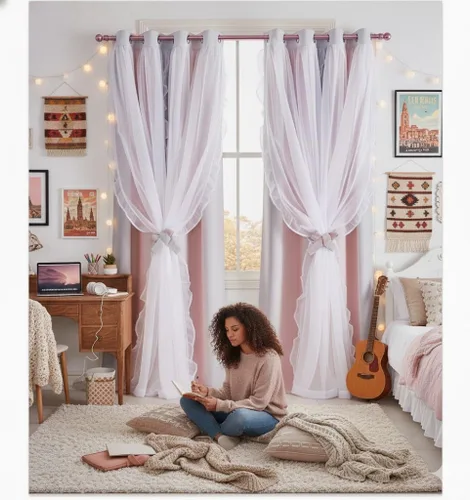 Miniatura 10 de PONY DANCE Cortinas con Volantes de Doble Capa con Superposición Transparente, Decoración Elegante para Ventanas de Diseño Rústico Francés de Campo