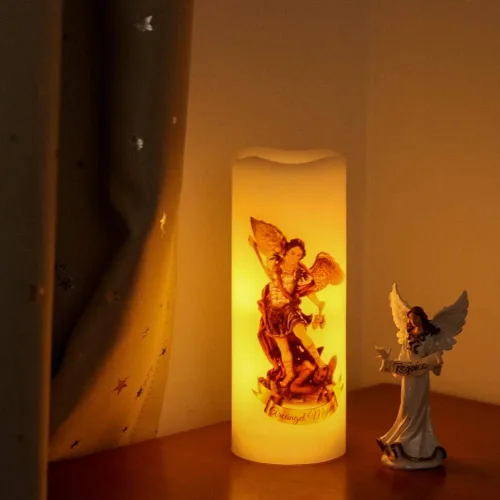 Miniatura 3 de Wondise Vela de oración devocional parpadeante sin llama con control remoto y temporizador, funciona con pilas, vela votiva LED de cera real