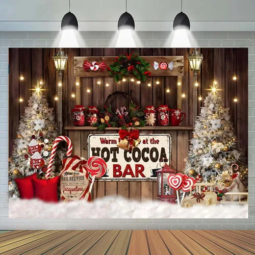 Miniatura 5 de Telón de fondo de cacao caliente de Navidad para fotografía – Fondo de decoración de cetro y árbol de tienda de golosinas – Decoración de fiesta