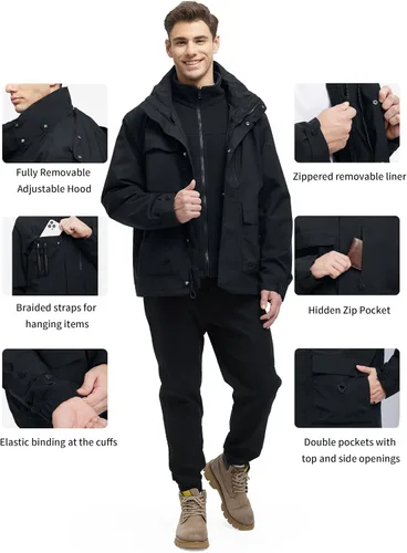 Miniatura 6 de YGREYG Chaquetas de invierno impermeables 3 en 1 para hombre, para esquí, abrigo de lluvia y nieve, con forro acolchado, cortavientos