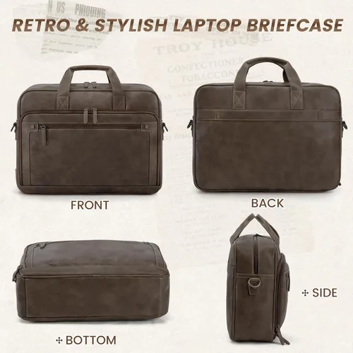 Miniatura 7 de RAINSMORE Bolsa de cuero para hombre de 16 pulgadas, bolso de mensajero vintage para hombre, bolso cruzado grande para el hombro, oficina, Madera