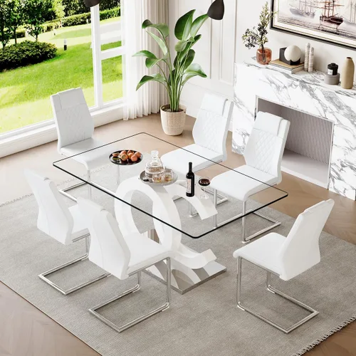 Miniatura 52 de gopop Mesa de comedor de cristal de 63 pulgadas, mesa de cocina moderna, mesa de comedor de vidrio transparente con patas de diseño único negro