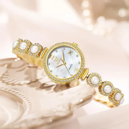 Miniatura 4 de OLEVS Reloj de pulsera analógico de lujo con cara pequeña para mujer, delicado e impermeable con perlas y diamantes, reloj para mujer con fecha