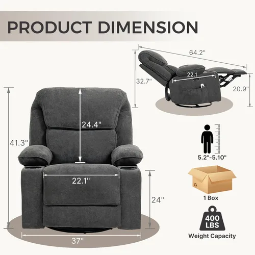 Miniatura 2 de Sillón reclinable eléctrico con balanceo, giratorio y deslizador, silla de guardería con botón de un toque, masaje vibratorio y calor, puertos