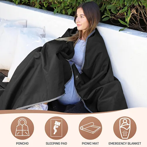 Miniatura 2 de Tirrinia Manta impermeable para exteriores con forro sherpa, resistente al viento, triple capa, cálida y cómoda, plegable para camping, estadio