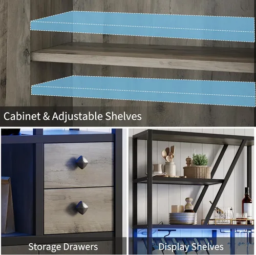 Miniatura 7 de GarveeHome Gabinete de bar de vinos con luces LED, estación alta de barra de café con tomas de corriente y estante de vino, soporte de microondas
