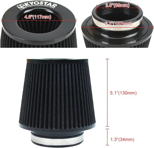 Miniatura 42 de KYOSTAR Filtro de aire universal de alto flujo de 3" (76 mm), entrada de aire frío de cono reutilizable, alto rendimiento, lavable, kit de aire seco