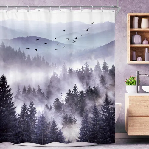Miniatura 15 de Riyidecor - Cortina de ducha para baño pequeño de montaña, 36 pulgadas de ancho x 72 pulgadas de alto, verde, para RV, temática rústica, naturaleza