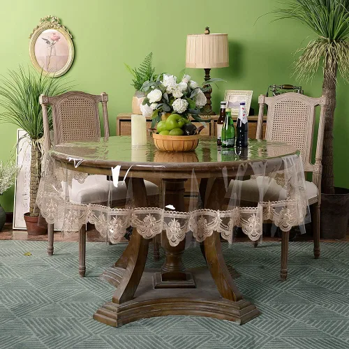 Miniatura 11 de ARTABLE Mantel rectangular de vinilo de PVC, impermeable, transparente, con borde de macramé de encaje champán, para boda, cocina, hogar