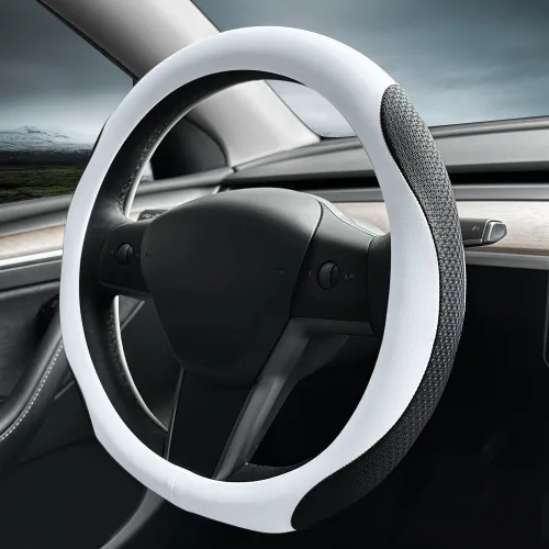 Miniatura 2 de LKWLIKEI Funda de cuero de napa ultrafina para volante Tesla Modelo 3/Y, diseño antideslizante y modificación interior de accesorios de coche Blanco