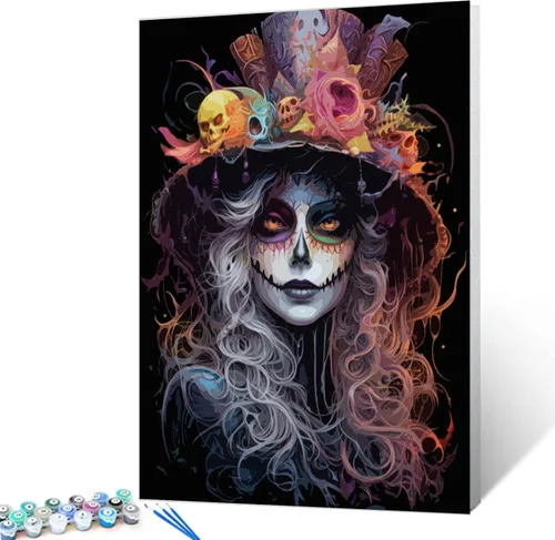 Miniatura 10 de Kit de Pintura por Números de Retrato de Mujer Calavera de Azúcar al Óleo de 16 x 20 Pulgadas, Lienzo para Halloween, Decoración para Mujeres, Chica