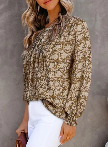 Miniatura 8 de SHEWIN Blusas de primavera para mujer, estilo casual, cuello en V, manga larga, blusas florales bohemias