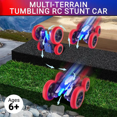 Miniatura 5 de Force1 Tornado+ - Auto de control remoto para niños - Autos RC rápidos de doble cara con pantalla LED interactiva, 4WD, auto de acrobacias Rojo Azul
