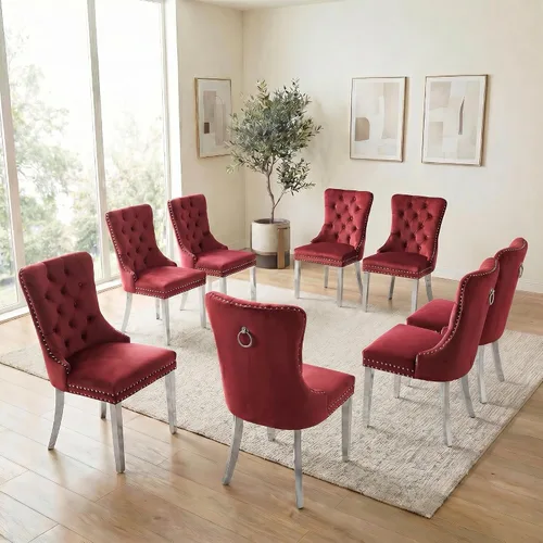 Miniatura 42 de Juego de 6 sillas de comedor de terciopelo, sillas tapizadas con respaldo alto capitoné con ribete de cabeza de clavo y anillo de tracción, patas