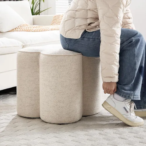 Miniatura 6 de Zesthouse Juego de 2 puf otomanos de flores, reposapiés de tela de lino beige para sofá, taburetes modernos para sala de estar, bonita otomana
