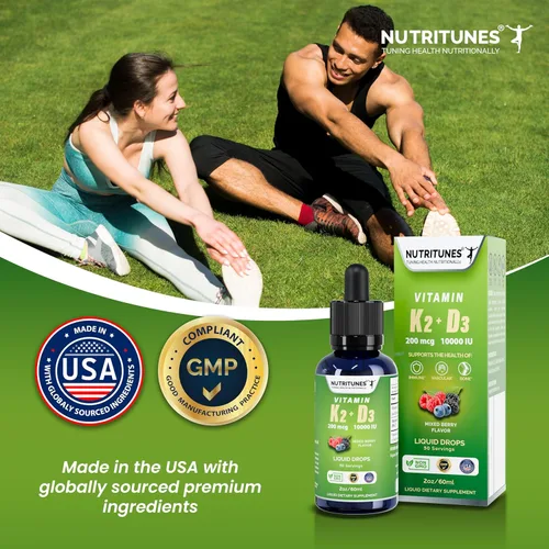 Miniatura 6 de Gotas líquidas K2 D3 – Vitamina D3 10,000 UI y vitamina K2 200 mcg – Suplemento de alta potencia para la salud ósea, inmune y cardíaca – Sabor mixto