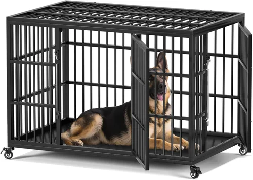 Miniatura 10 de VERIFURTY Jaula resistente de 42 pulgadas para perros grandes y medianos con pestillo de autobloqueo, perrera de acero a prueba de fugas