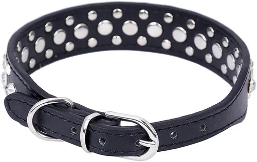 Miniatura 2 de Dogs Kingdom Collares de cuero con diamantes de imitación personalizados de 10 a 24 pulgadas de longitud, para razas pequeñas y medianas, color Negro