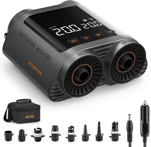 OutdoorMaster Vortex - Bomba eléctrica portátil para tabla de remo, inflador y desinflador de bomba de aire de 20 PSI, entrada de 12 V/15.8 V CC,