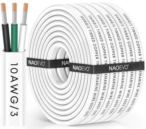 NAOEVO Cable marino de calibre 10, cable eléctrico marino triple 10/3, resistente al agua/aislado de PVC/cobre estañado sin oxígeno, cable de 10 AWG