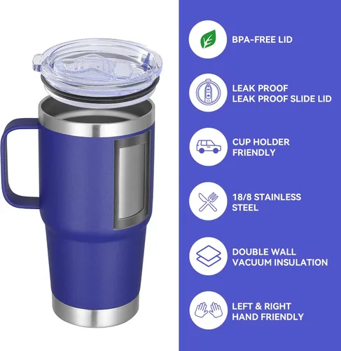 Miniatura 2 de VEGOND - Vaso de viaje de 20 oz con tapa con asa y pajita, taza de café de acero inoxidable aislada, a prueba de derrames, de doble pared, mantiene