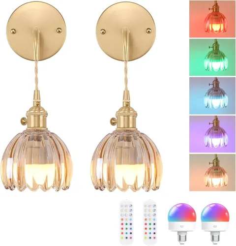 Miniatura 21 de Shenmoyl Candelabro de Pared Operado por Batería con Soporte de Cadena Ajustable, Patrón de Tulipán Verde, Vidrio con Diseño Retro en Oro, Lámpara
