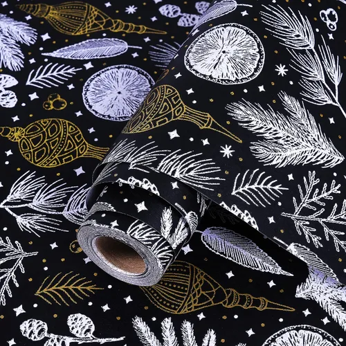 Miniatura 7 de Papel de regalo de Navidad, papel de regalo de Navidad de papel kraft negro y dorado con lámina, rollo jumbo, papel de regalo negro y blanco