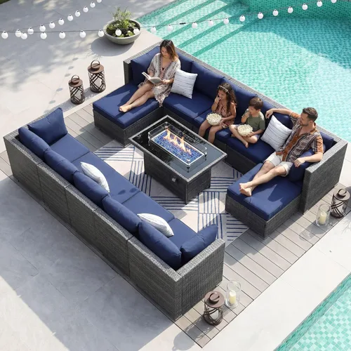 Miniatura 39 de NICESOUL Juego de muebles de patio para exteriores de 7 piezas con mesa para hoguera, gas natural y propano convertible, respaldo alto de 29.3
