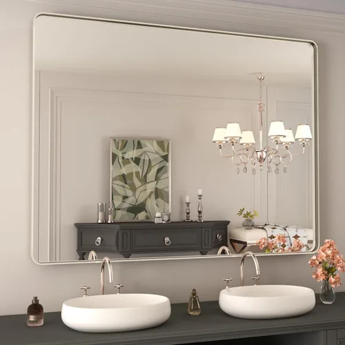 Miniatura 13 de WEER - Espejo de baño dorado, espejo de 40x32 pulgadas con marco de metal dorado cepillado, espejo de tocador de baño de oro para pared