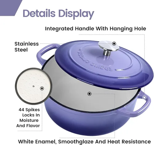 Miniatura 4 de EDGING CASTING Horno Duch de hierro fundido esmaltado, horno holandés redondo de 5.5 cuartos de galón con tapa, mango doble para hornear pan, morado