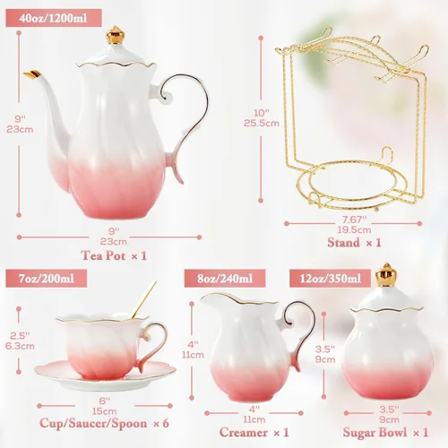 Miniatura 5 de DUJUST Juego de té de porcelana de 22 piezas para 6, lujoso juego de tazas de té/café estilo británico con ribete dorado, hermoso juego de té