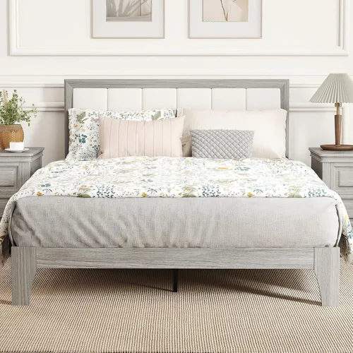 HOMCOM Base de cama de tamaño matrimonial con cabecera tapizada, marco de cama de plataforma con listones de madera, no necesita somier, fácil