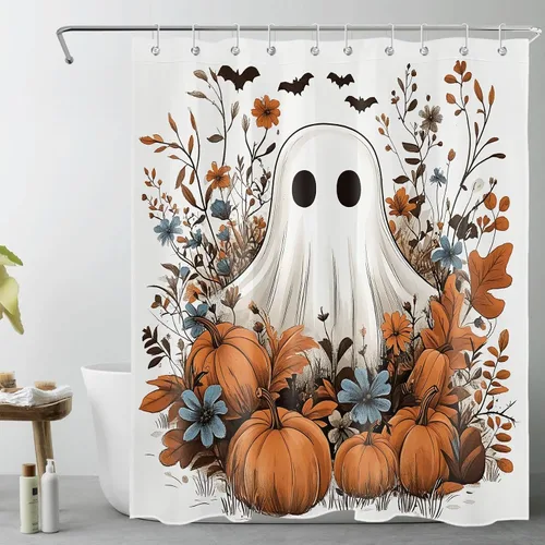 Miniatura 12 de LB Cortina de ducha pequeña de fantasma de Halloween de 48 x 68 pulgadas, forro de cortina de ducha de tamaño medio floral naranja, divertidas