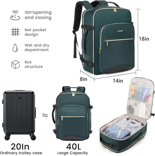 Miniatura 2 de LOVEVOOK Mochila de viaje grande de 40L para mujeres y hombres, mochila de mano aprobada por aerolíneas, Verde-negro, Mochila de viaje
