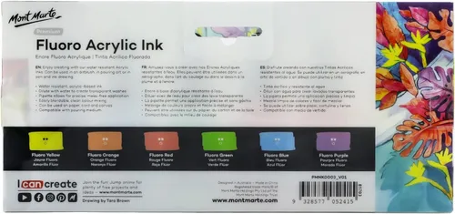 Miniatura 7 de Mont Marte Tinta acrílica premium de 6 piezas x 20 ml (0,7 fl.oz. EE.UU.), tintas acrílicas para artistas, colores fluoro, ideal para aerógrafo